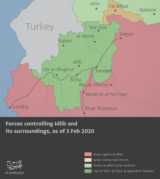 The military map as of 3 February, 2020. Since that date, Saraqeb has fallen to the pro-Assad coalition.